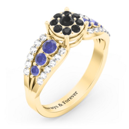 Andromeda Round Cluster Ring – 10K Yellow Gold with Black Premium Zirconia, Blue Sapphire, and White Premium Zirconia