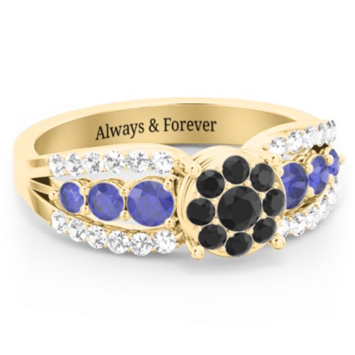 Andromeda Round Cluster Ring – 10K Yellow Gold with Black Premium Zirconia, Blue Sapphire, and White Premium Zirconia