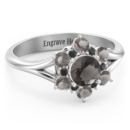 Aurora Round Cluster Ring with Birthstones in 925 Sterling Silver with Smokey Quartz and Black Premium Zirconia