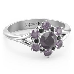 Aurora Round Cluster Ring with Birthstones in 925 Sterling Silver with Alexandrite and Black Premium Zirconia