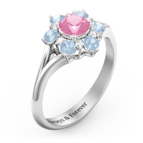Aurora Round Cluster Ring with Birthstones – Sterling Silver with Pink Tourmaline, Blue Topaz, and White Premium Zirconia