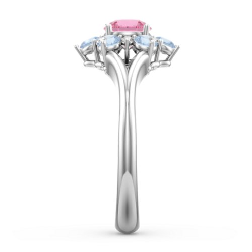 Aurora Round Cluster Ring with Birthstones – Sterling Silver with Pink Tourmaline, Blue Topaz, and White Premium Zirconia