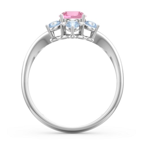 Aurora Round Cluster Ring with Birthstones – Sterling Silver with Pink Tourmaline, Blue Topaz, and White Premium Zirconia