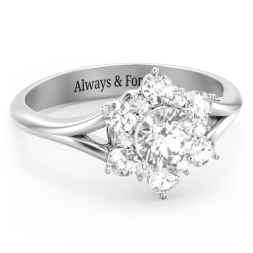 Aurora Round Cluster Ring with Birthstones – Sterling Silver with Cubic Zirconia and White Premium Zirconia