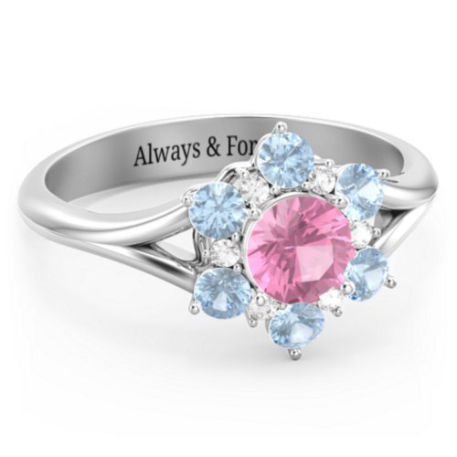 Aurora Round Cluster Ring with Birthstones – Sterling Silver with Pink Tourmaline, Blue Topaz, and White Premium Zirconia