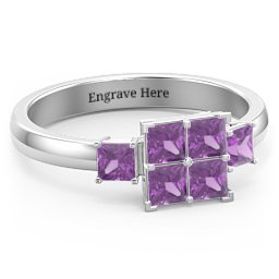 Diana Princess Cut Cluster Ring with Birthstones in 925 Sterling Silver with Amethyst