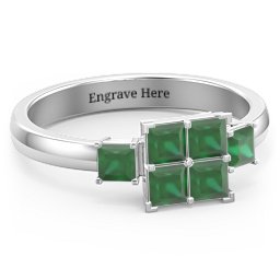 Diana Princess Cut Cluster Ring with Birthstones in 925 Sterling Silver with Emerald