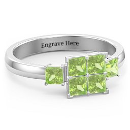 Diana Princess Cut Cluster Ring with Birthstones in 925 Sterling Silver with Peridot