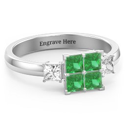 Diana Princess Cut Cluster Ring with Birthstones in 925 Sterling Silver with Emerald and Cubic Zirconia