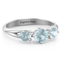 Orion’s Belt Three Stone Round Brilliant Cut Ring in 925 Sterling Silver with Aquamarine