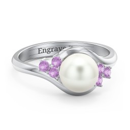 7mm Freshwater Pearl Wave Ring with Accents in 925 Sterling Silver with Amethyst and Freshwater Pearl