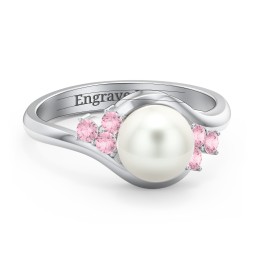 7mm Freshwater Pearl Wave Ring with Accents in 925 Sterling Silver with Freshwater Pearl and Pink Tourmaline