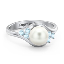7mm Freshwater Pearl Wave Ring with Accents in 925 Sterling Silver with Blue Topaz and Freshwater Pearl