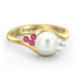 7mm Freshwater Pearl Wave Ring with Accents in 10K Solid Yellow Gold with Freshwater Pearl, Ruby, and Cubic Zirconia