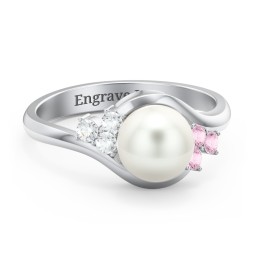 7mm Freshwater Pearl Wave Ring with Accents in 925 Sterling Silver with Pink Tourmaline and Cubic Zirconia