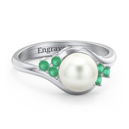 7mm Freshwater Pearl Wave Ring with Accents in 925 Sterling Silver with Emerald and Freshwater Pearl