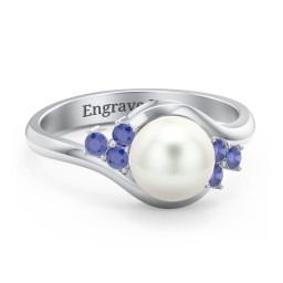 7mm Freshwater Pearl Wave Ring with Accents in 925 Sterling Silver with Blue Sapphire and Freshwater Pearl