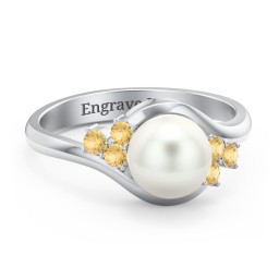 7mm Freshwater Pearl Wave Ring with Accents in 925 Sterling Silver with Citrine and Freshwater Pearl