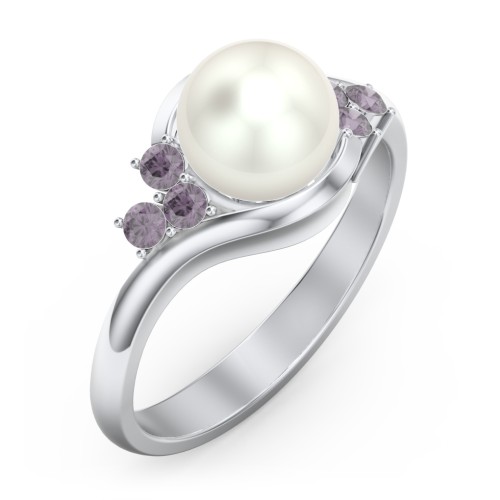 7mm Freshwater Pearl Wave Ring with Accents – Sterling Silver with Freshwater Pearl and Alexandrite