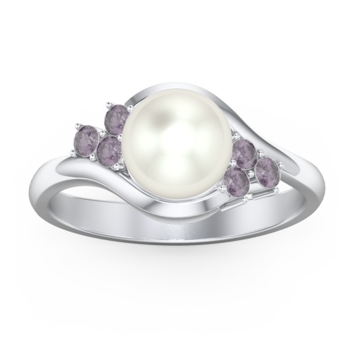 7mm Freshwater Pearl Wave Ring with Accents – Sterling Silver with Freshwater Pearl and Alexandrite