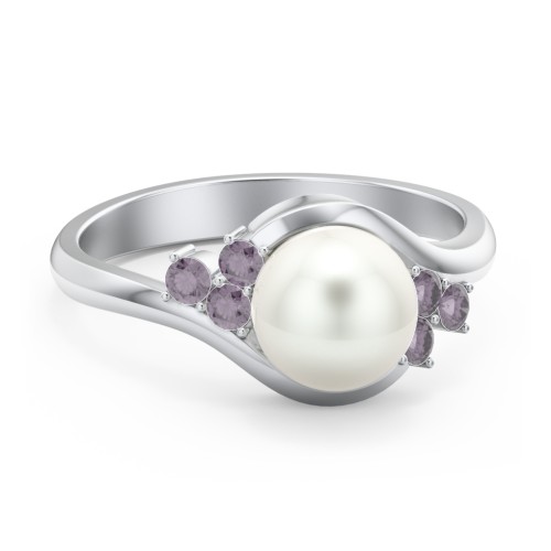 7mm Freshwater Pearl Wave Ring with Accents – Sterling Silver with Freshwater Pearl and Alexandrite