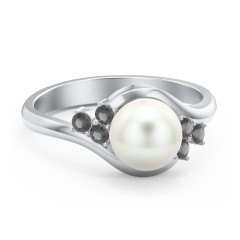 7mm Freshwater Pearl Wave Ring with Accents – 10K Yellow Gold with Freshwater Pearl and Black Premium Zirconia