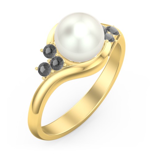 7mm Freshwater Pearl Wave Ring with Accents – 10K Yellow Gold with Freshwater Pearl and Black Premium Zirconia