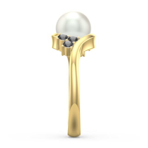 7mm Freshwater Pearl Wave Ring with Accents – 10K Yellow Gold with Freshwater Pearl and Black Premium Zirconia