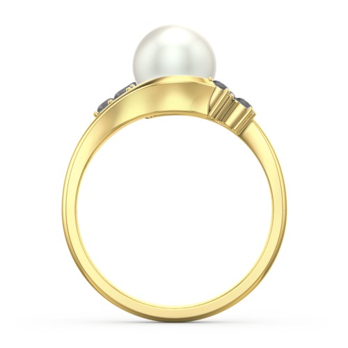 7mm Freshwater Pearl Wave Ring with Accents – 10K Yellow Gold with Freshwater Pearl and Black Premium Zirconia