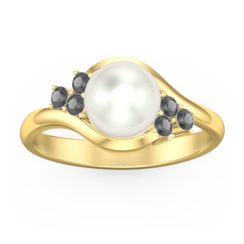 7mm Freshwater Pearl Wave Ring with Accents – 10K Yellow Gold with Freshwater Pearl and Black Premium Zirconia