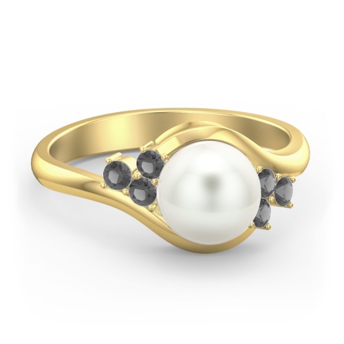 7mm Freshwater Pearl Wave Ring with Accents – 10K Yellow Gold with Freshwater Pearl and Black Premium Zirconia