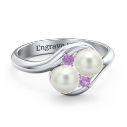 Twin 5mm Freshwater Pearl Ring with Accents in 925 Sterling Silver with Amethyst and Freshwater Pearl