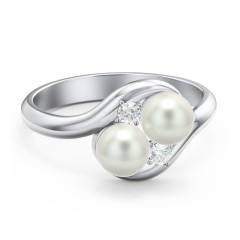 Twin 5mm Freshwater Pearl Ring with Accents – Sterling Silver with Freshwater Pearl and Cubic Zirconia