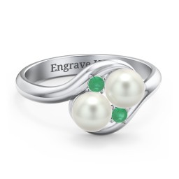 Twin 5mm Freshwater Pearl Ring with Accents in 925 Sterling Silver with Emerald and Freshwater Pearl