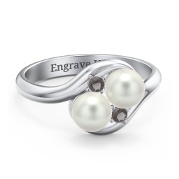 Twin 5mm Freshwater Pearl Ring with Accents in 925 Sterling Silver with Freshwater Pearl and Smokey Quartz