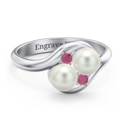 Twin 5mm Freshwater Pearl Ring with Accents in 925 Sterling Silver with Freshwater Pearl and Ruby