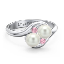 Twin 5mm Freshwater Pearl Ring with Accents in 925 Sterling Silver with Freshwater Pearl and Pink Tourmaline