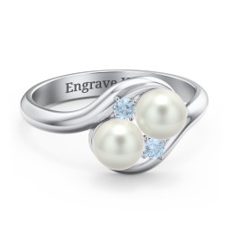 Twin 5mm Freshwater Pearl Ring with Accents in 925 Sterling Silver with Blue Topaz and Freshwater Pearl