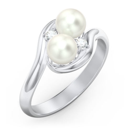 Twin 5mm Freshwater Pearl Ring with Accents – Sterling Silver with Freshwater Pearl and Cubic Zirconia