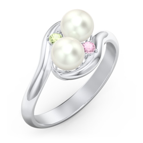 Twin 5mm Freshwater Pearl Ring with Accents – Sterling Silver with Peridot, Pink Tourmaline, and Freshwater Pearl
