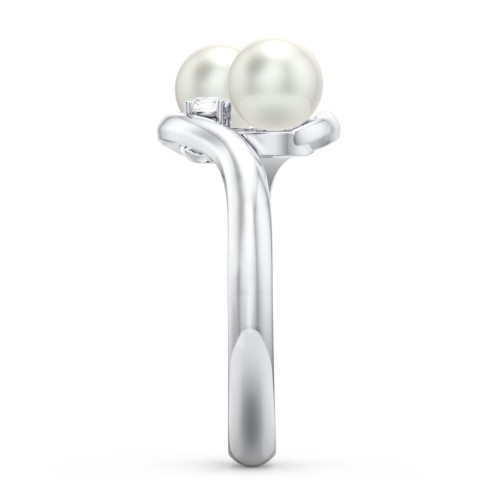 Twin 5mm Freshwater Pearl Ring with Accents – Sterling Silver with Freshwater Pearl and Cubic Zirconia