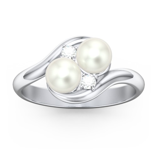 Twin 5mm Freshwater Pearl Ring with Accents – Sterling Silver with Freshwater Pearl and Cubic Zirconia