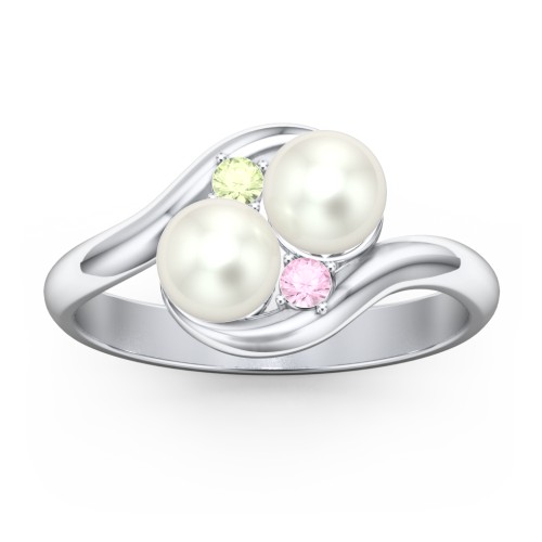 Twin 5mm Freshwater Pearl Ring with Accents – Sterling Silver with Peridot, Pink Tourmaline, and Freshwater Pearl