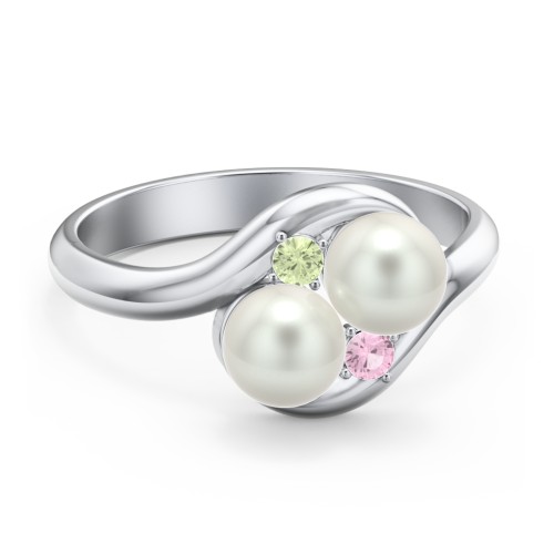 Twin 5mm Freshwater Pearl Ring with Accents – Sterling Silver with Peridot, Pink Tourmaline, and Freshwater Pearl