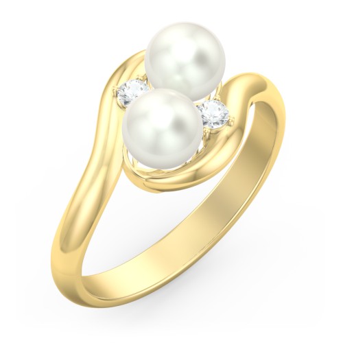 Twin 5mm Freshwater Pearl Ring with Accents – 10K Yellow Gold with Freshwater Pearl and Cubic Zirconia