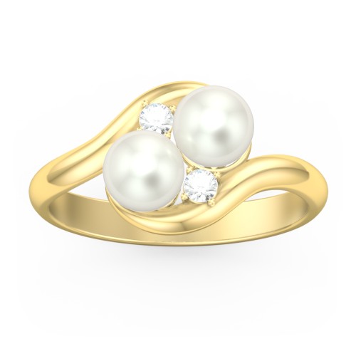 Twin 5mm Freshwater Pearl Ring with Accents – 10K Yellow Gold with Freshwater Pearl and Cubic Zirconia