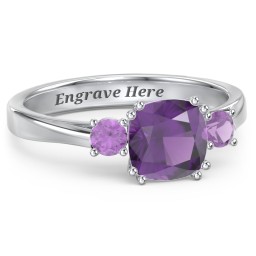 3 Stone Cushion Cut Duchess Ring in 925 Sterling Silver with Amethyst