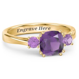 3 Stone Cushion Cut Duchess Ring in 18K Gold Plated Silver with Amethyst
