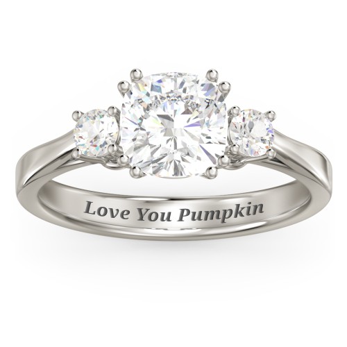 3 Stone Cushion Cut Duchess Ring – 10K White Gold with White Premium Zirconia and Cubic Zirconia