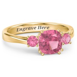 3 Stone Cushion Cut Duchess Ring in 18K Gold Plated Silver with Pink Tourmaline